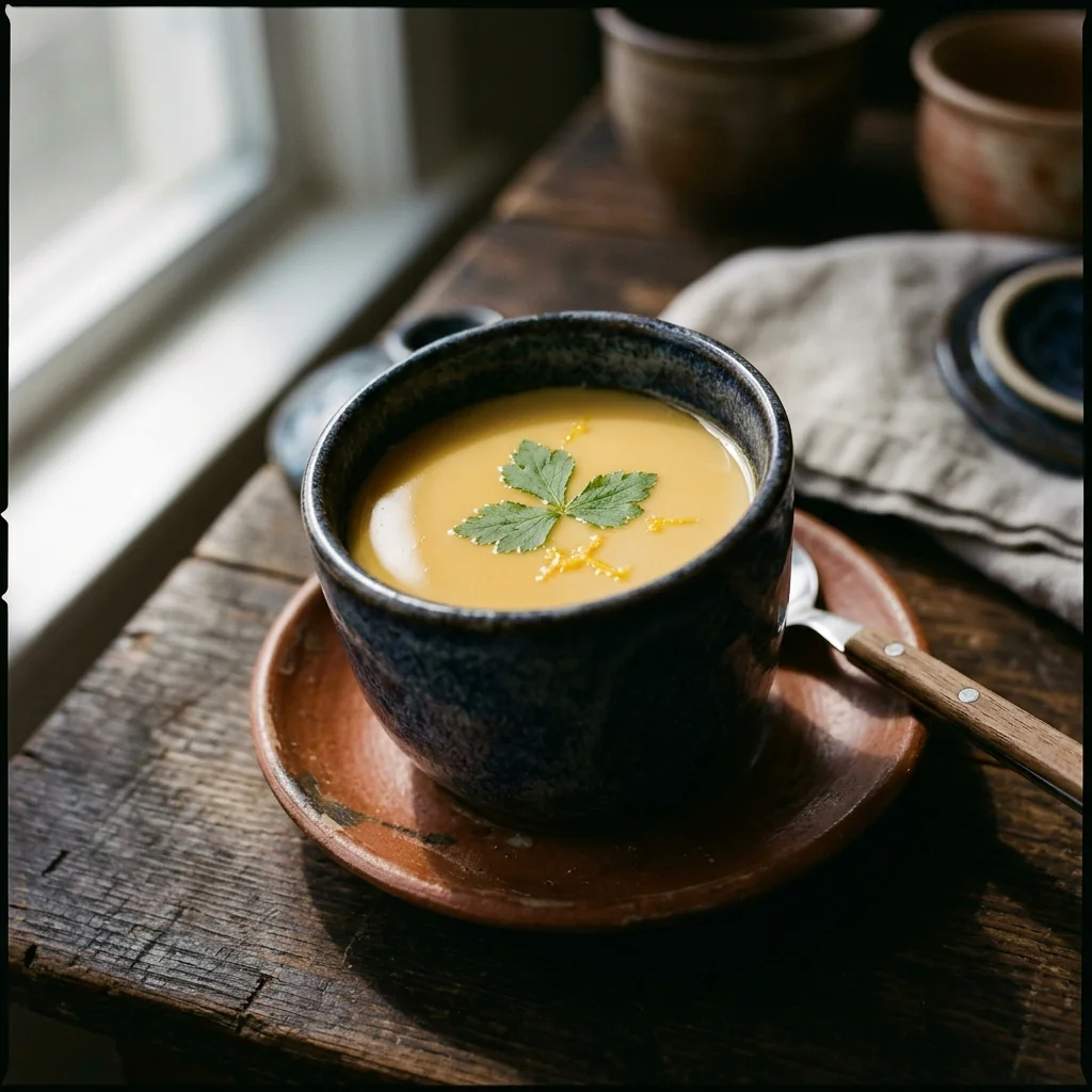 Fertiges Chawanmushi mit perfekter Spiegel-Oberfläche, ein Mitsuba-Stiel und Yuzu-Späne obenauf.