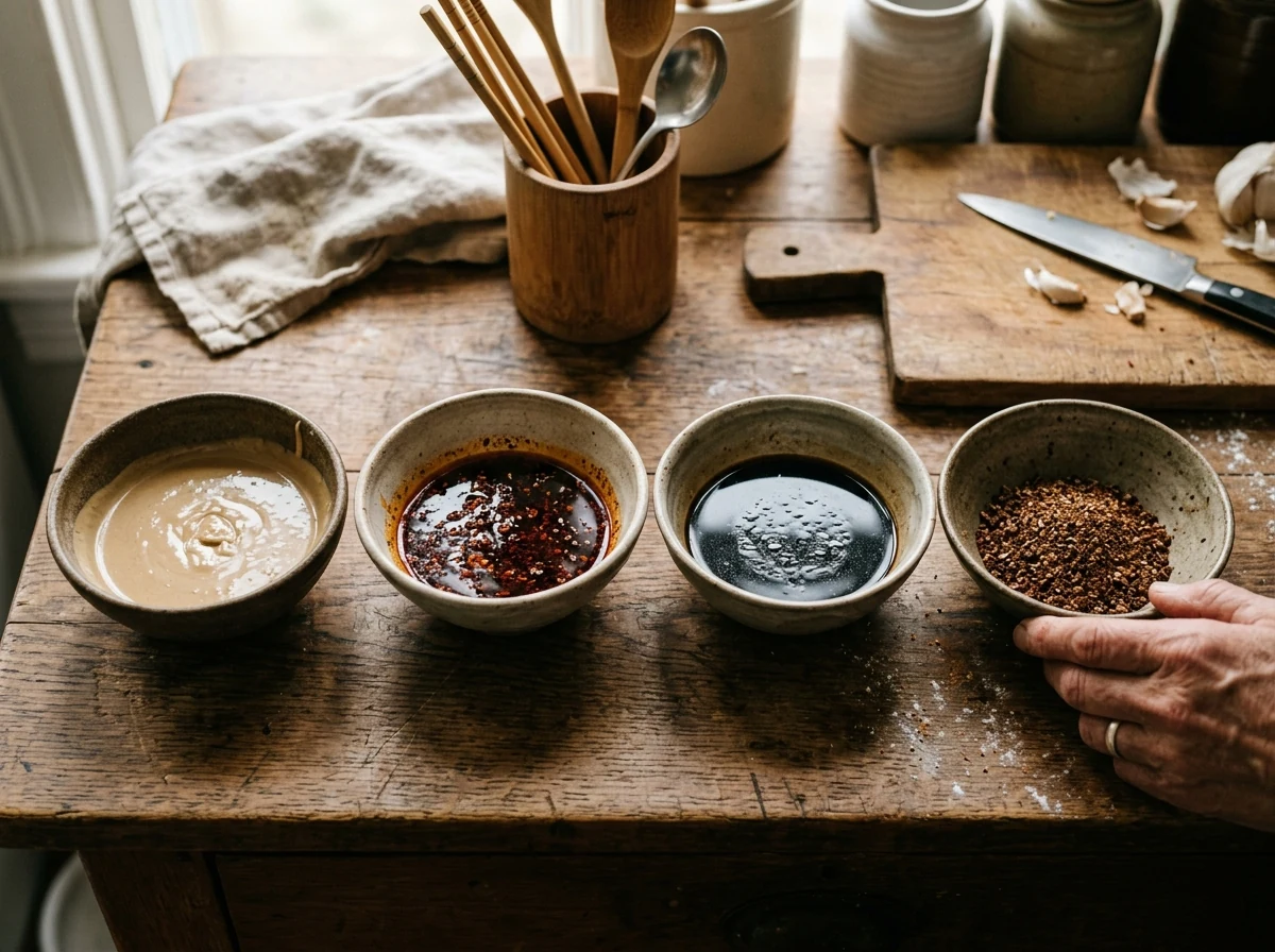 Vier tiefe Schalen mit ungerührten Schichten von Sesampaste, Chiliöl, Sojasauce und Sichuan-Pfeffer am Boden.