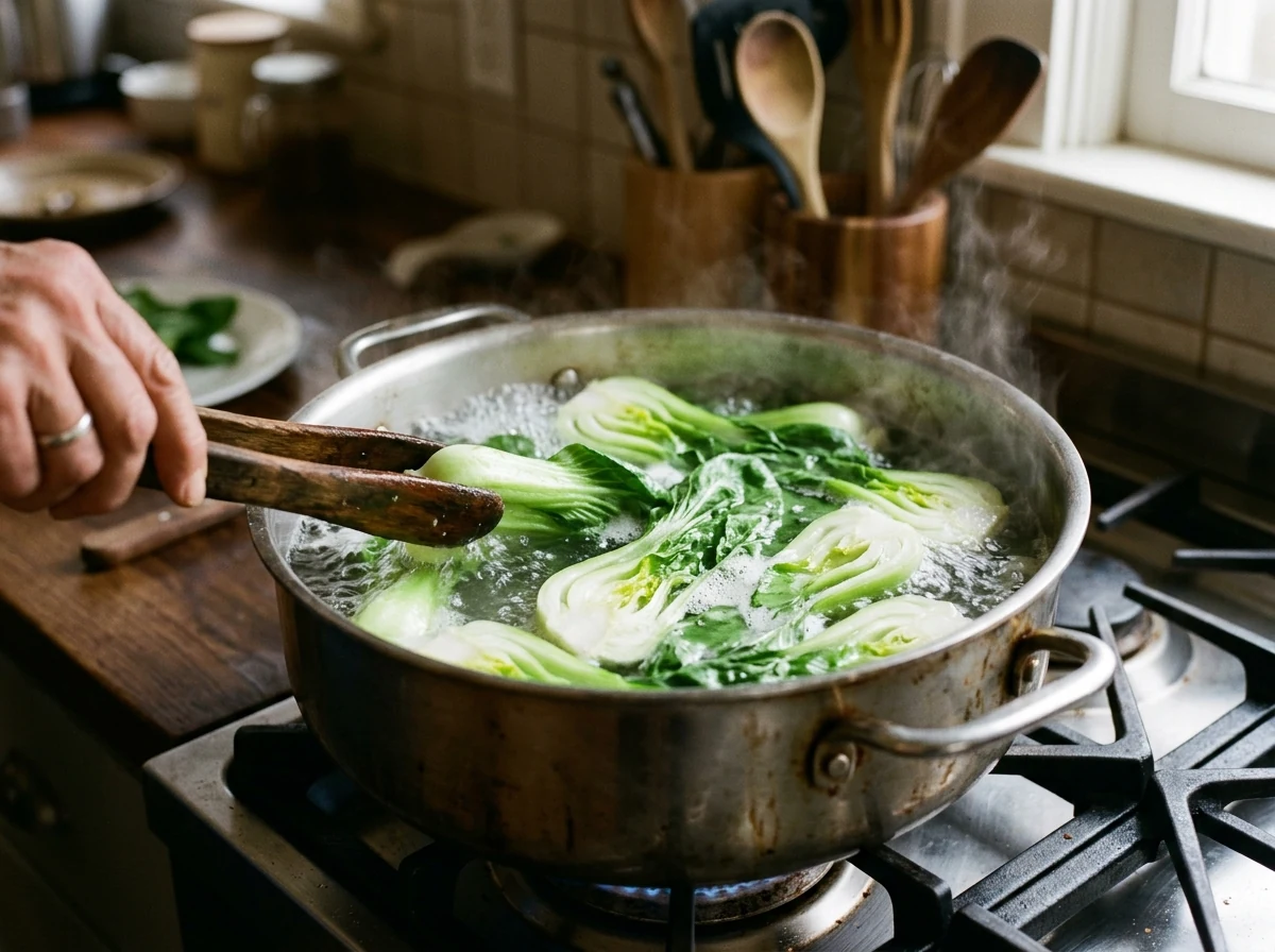 Halbierte Pak Choi blanchieren in sprudelndem Wasser, leuchtend grün.