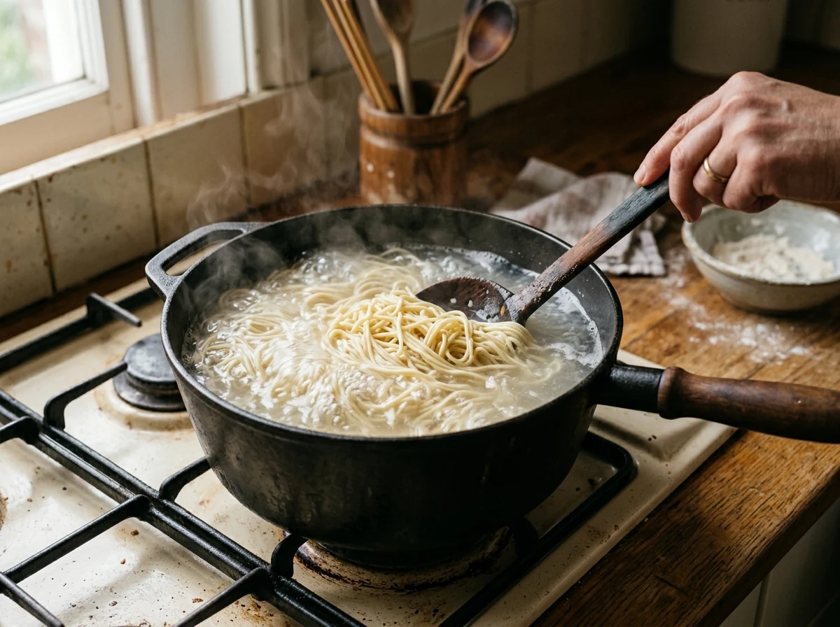 Frische chinesische Weizennudeln kochen sprudelnd in einem Topf.
