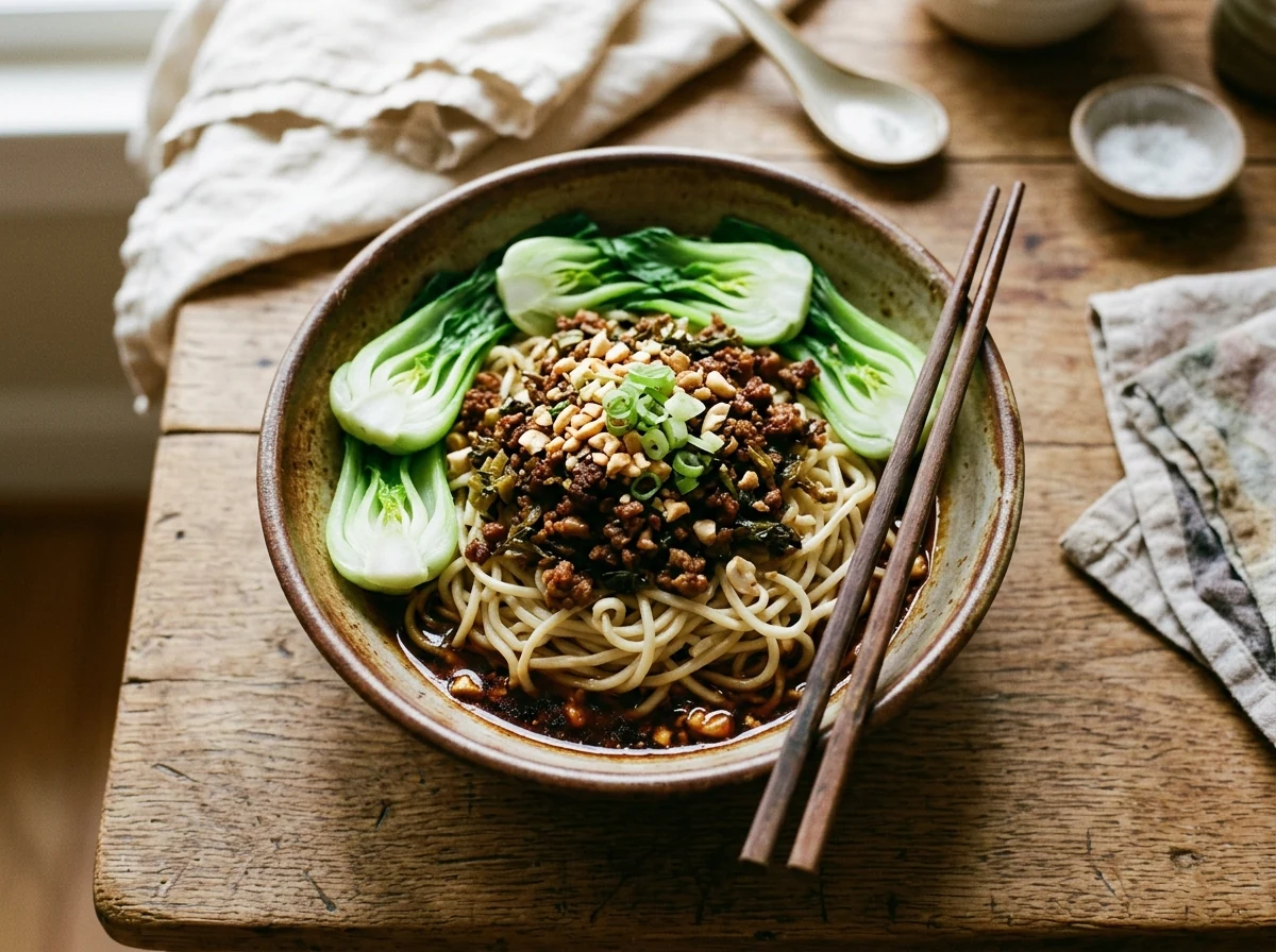 Eine tiefe Schale mit geschichteter Sauce, blanchiertem Pak Choi, Nudeln, knusprigem Hack mit Yacai, Erdnüssen und Frühlingszwiebel — vor dem Mischen.