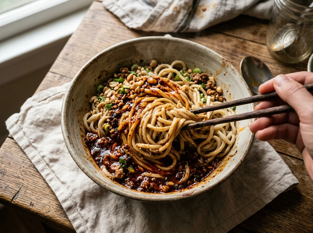Stäbchen mischen die Schichten in einer Dan-Dan-Mian-Schale, rote und helle Schwaden umschließen die Nudeln.