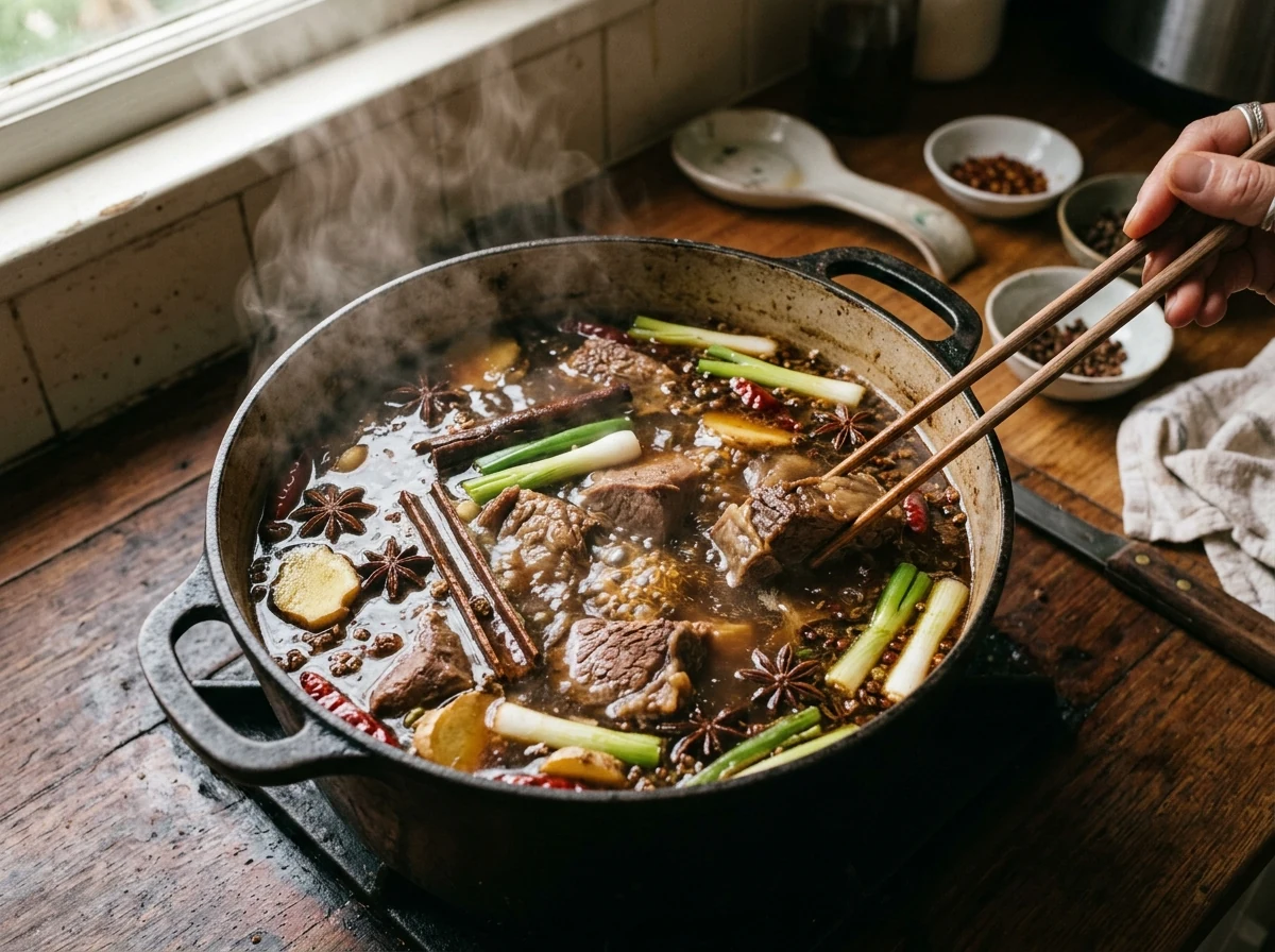Fleisch zieht in der dunklen, aromatischen Sichuan-Brühe.