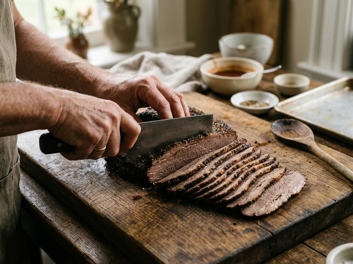 Hauchdünne Scheiben Rinderbrust werden quer zur Faser geschnitten.