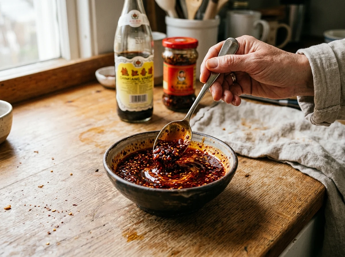 Rote Sauce mit Chiliöl, Essig und Sichuan-Pfeffer wird in einer Schüssel verrührt.