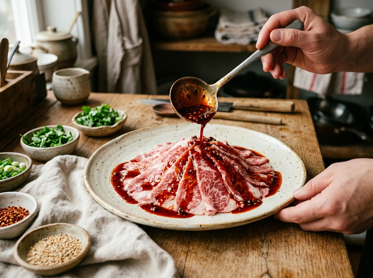 Fleischscheiben werden fächerförmig angerichtet, rote Sauce darübergegossen.