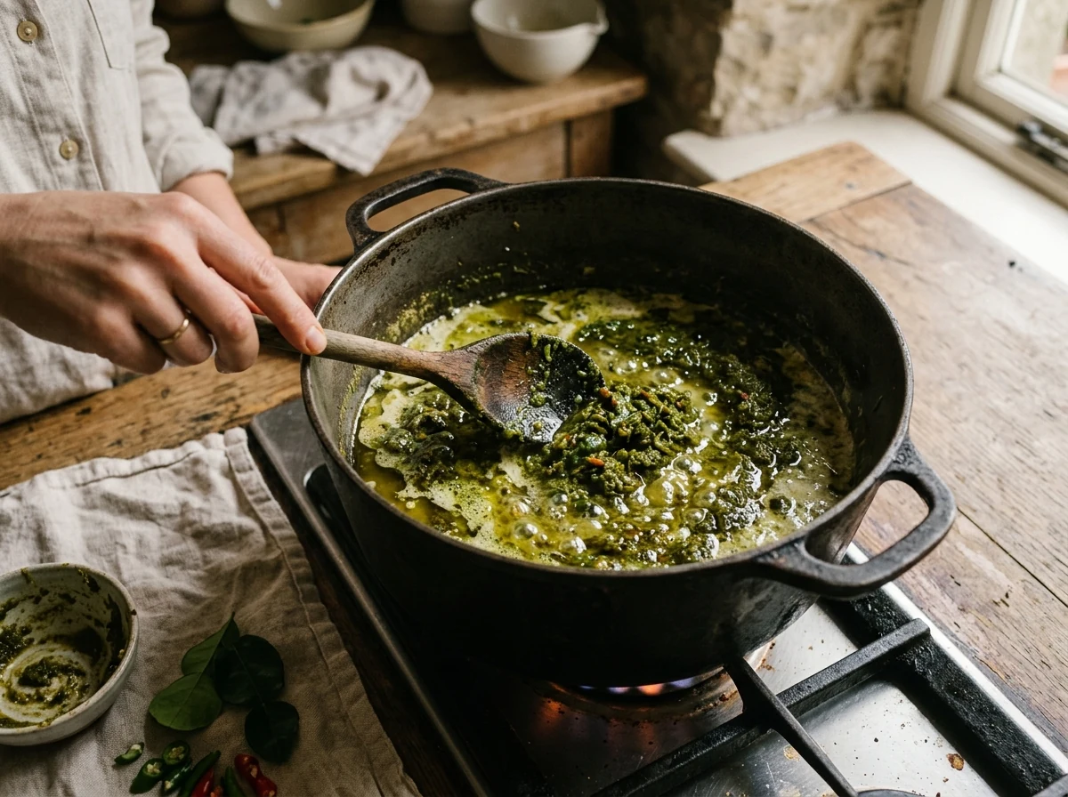 Tiefgrüne Curry-Paste röstet in einer Schicht abgesetzter Kokoscreme in einem schweren Topf, sichtbarer Ölfilm.
