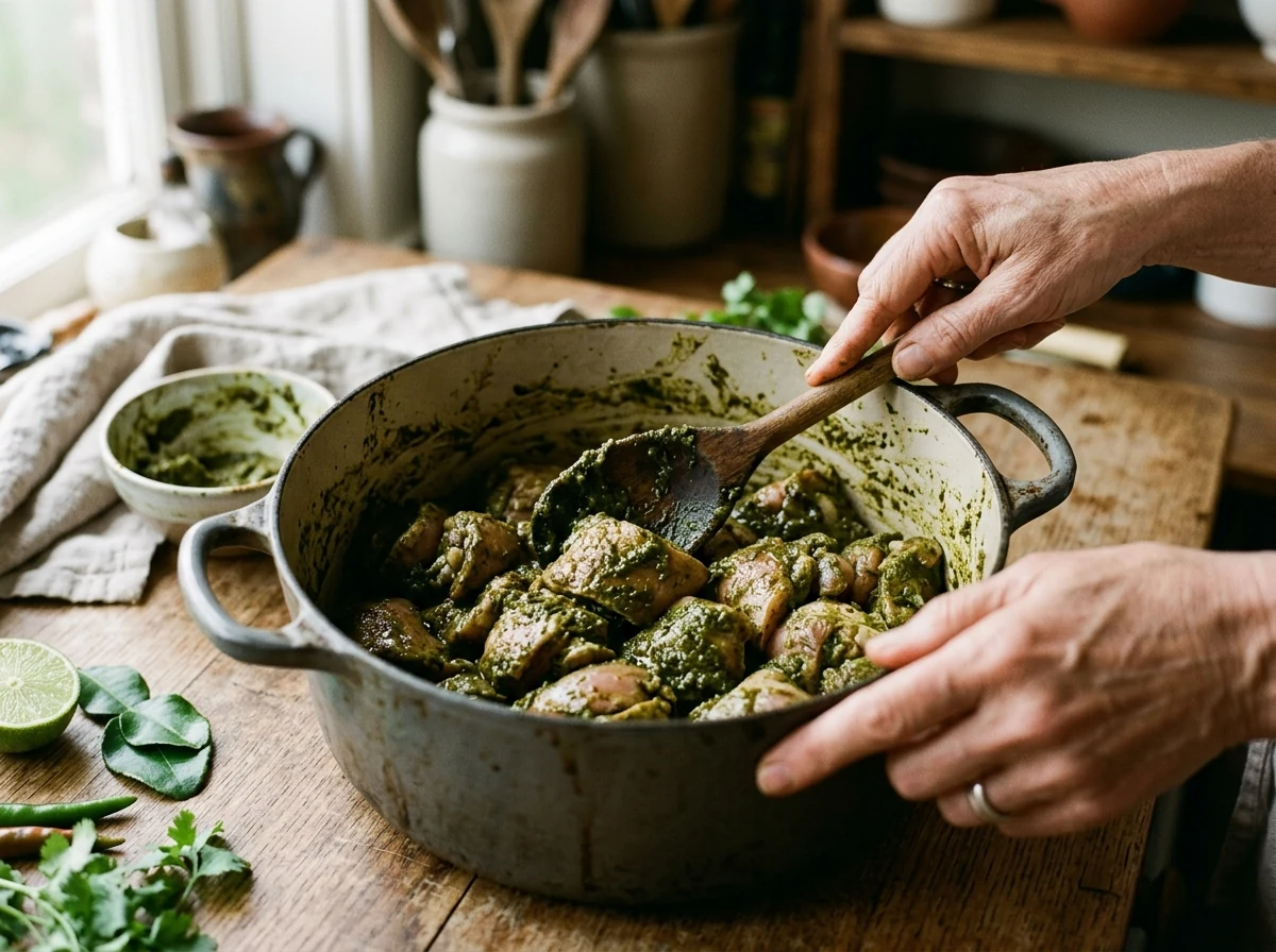 Hähnchen-Stücke umhüllt mit tiefgrüner Curry-Paste in einem schweren Topf.