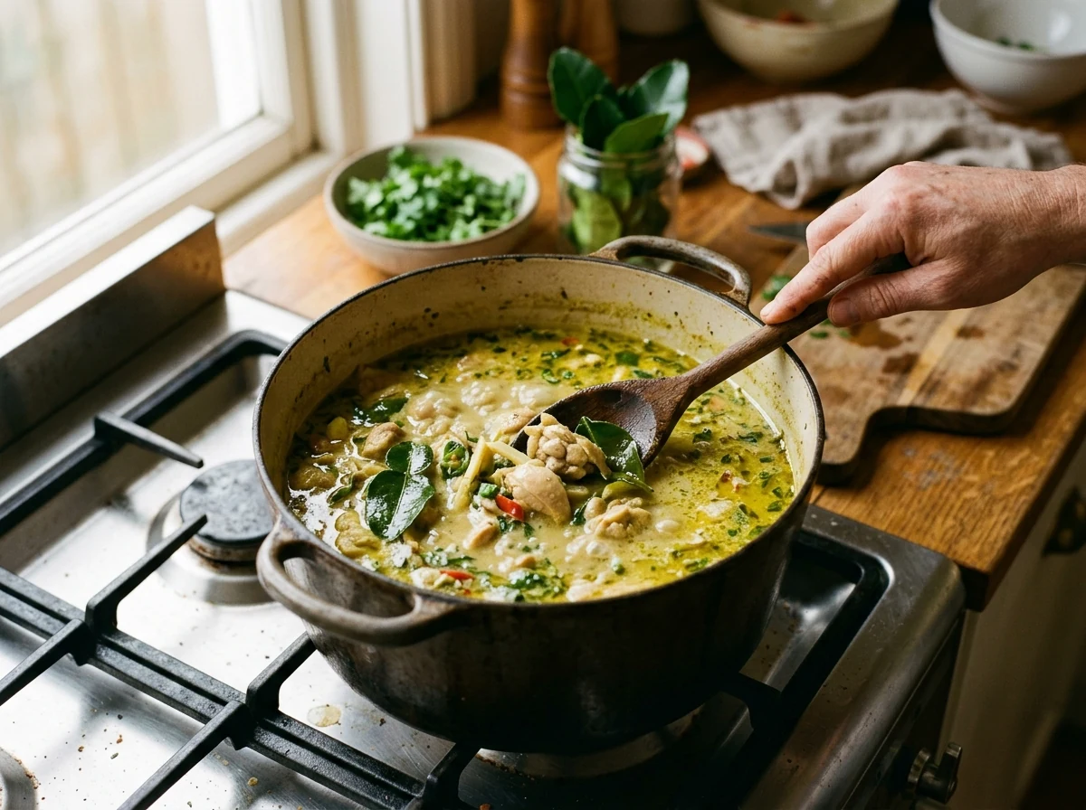 Goldgrüne Curry-Brühe simmert in einem schweren Topf mit Hähnchen-Stücken und sichtbaren Kaffirlimettenblättern.