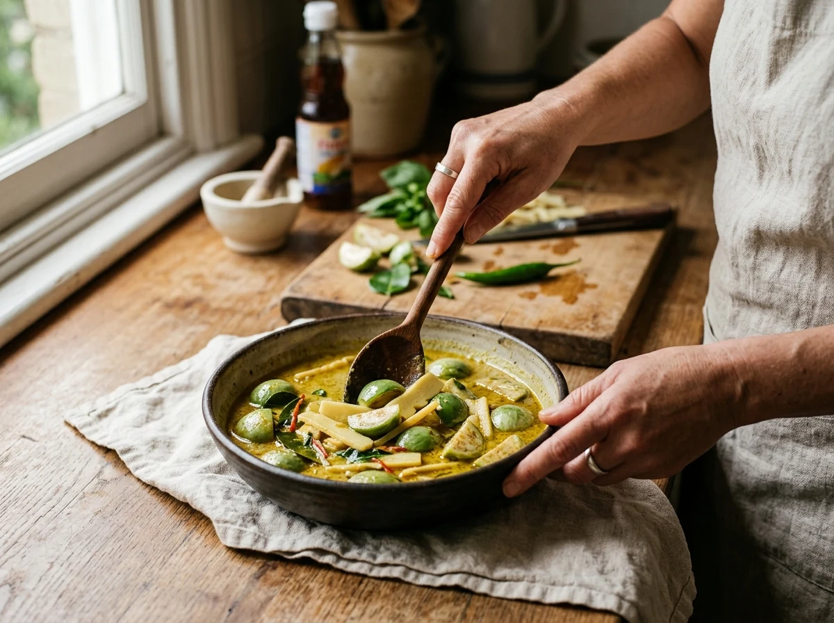 Halbierte grüne Thai-Auberginen und helle Bambussprossen in goldgrüner Curry-Sauce.