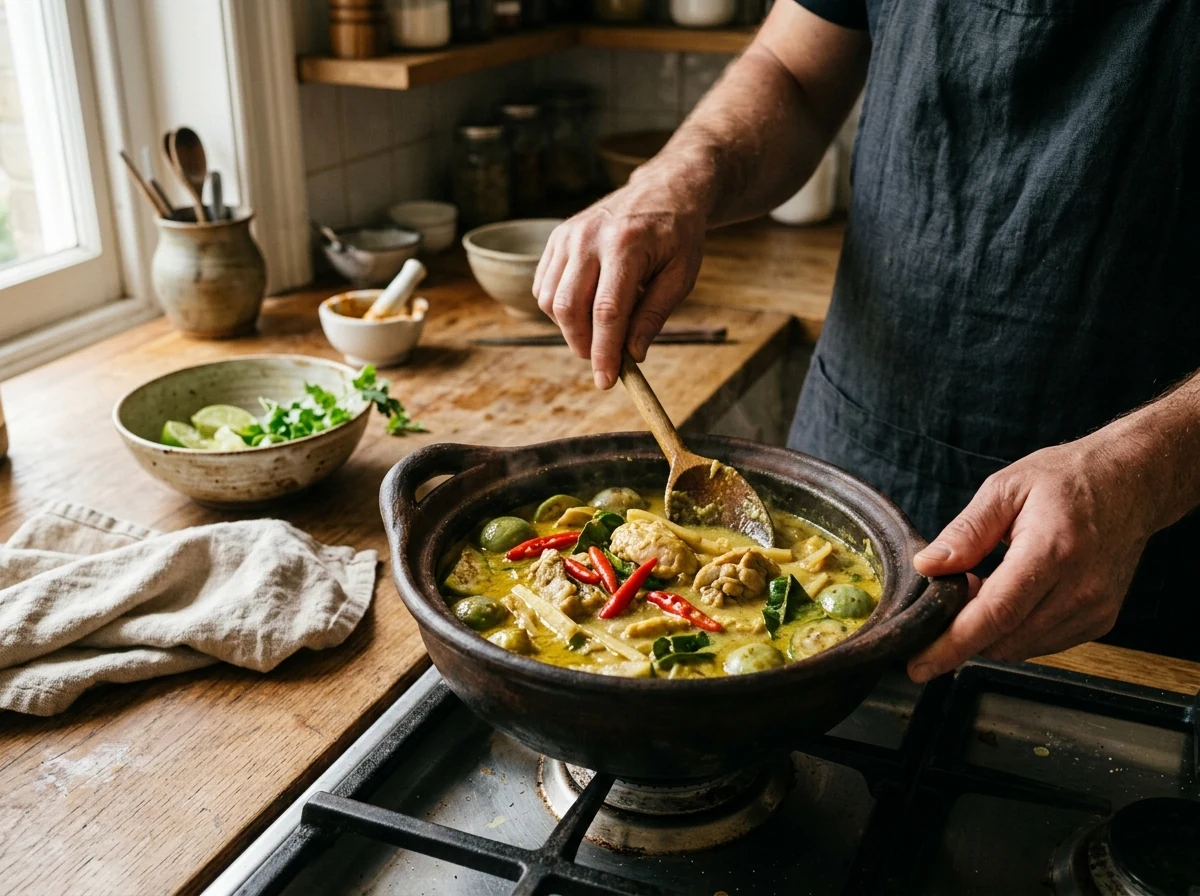 Goldgrünes Curry mit halbierten roten Chilis sichtbar zwischen Hähnchen, Auberginen und Bambussprossen.