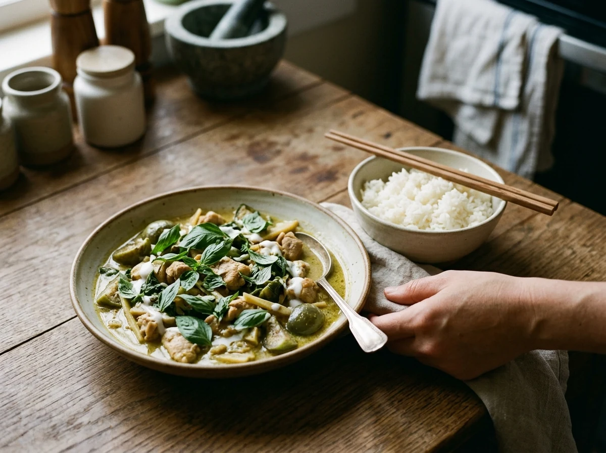 Goldgrünes Thai-Curry mit Hähnchen, Auberginen, Bambussprossen und üppig grünen Thai-Basilikum-Blättern in einer flachen Schale, daneben Jasmin-Reis.