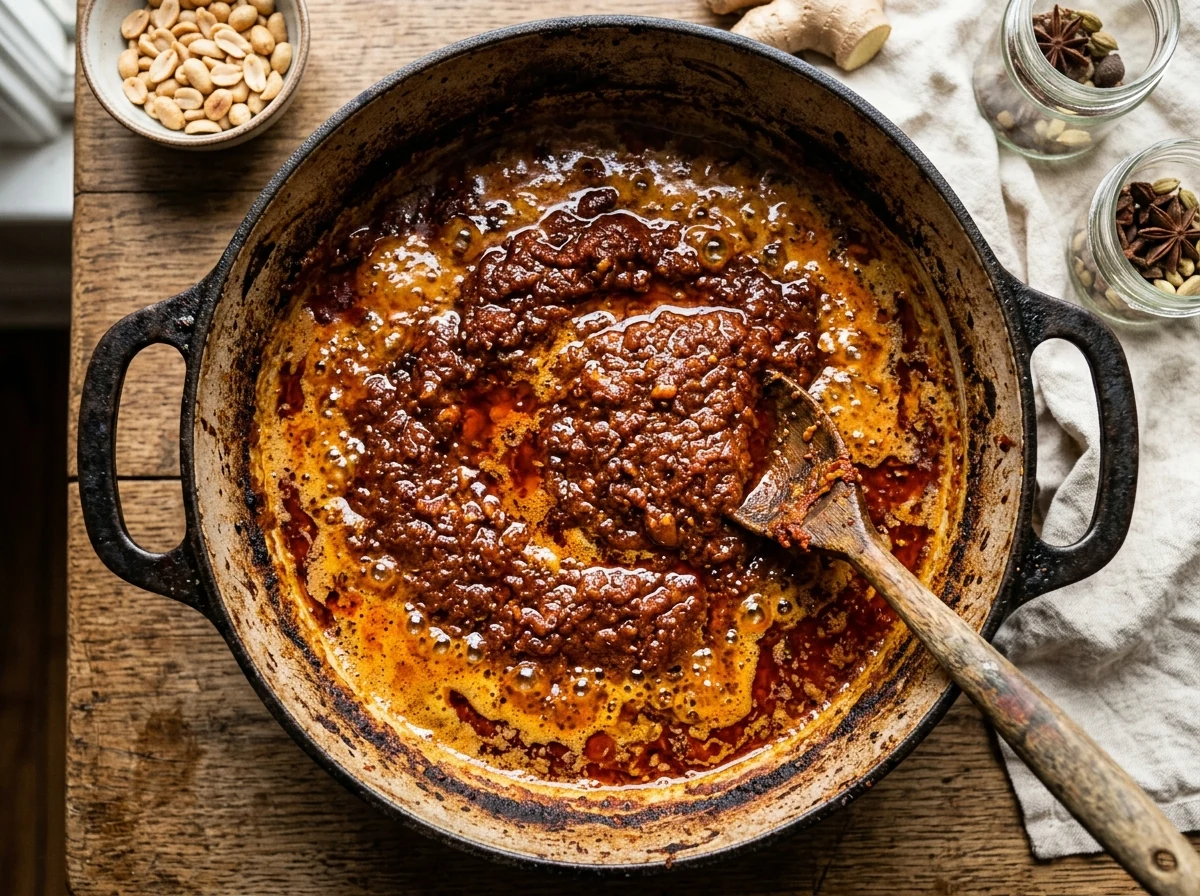 Tiefrotbraune Massaman-Paste röstet in einer Schicht abgesetzter Kokoscreme in einem schweren Topf, Öl sichtbar.