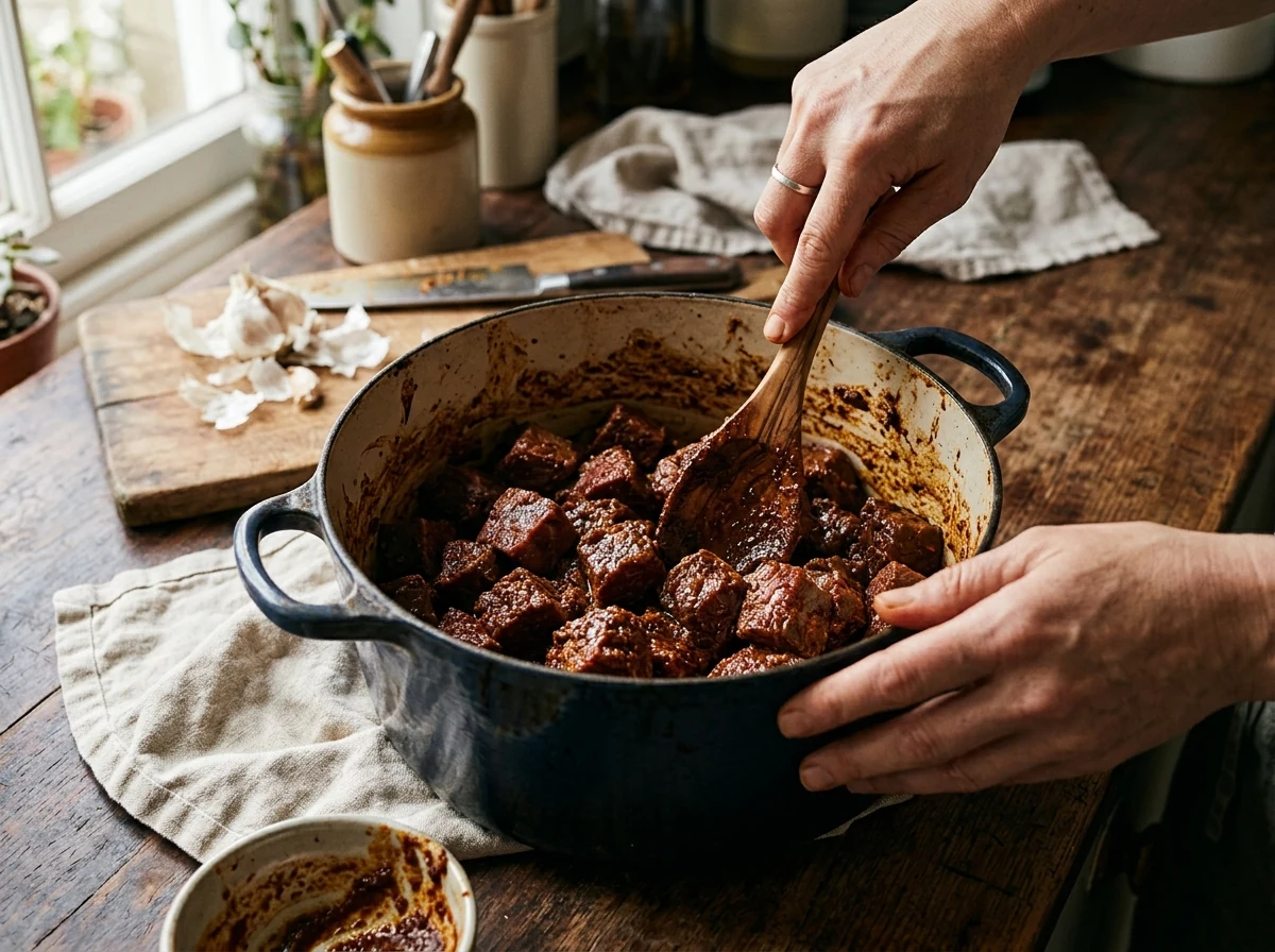 Rinderwürfel mit tiefrotbrauner Curry-Paste umhüllt in einem schweren Topf.