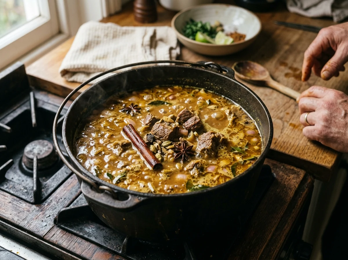 Goldgelb-rotbraune Curry-Brühe in einem schweren Topf mit Zimtstange, Sternanis und Kardamom-Kapseln, Rindfleisch sichtbar.