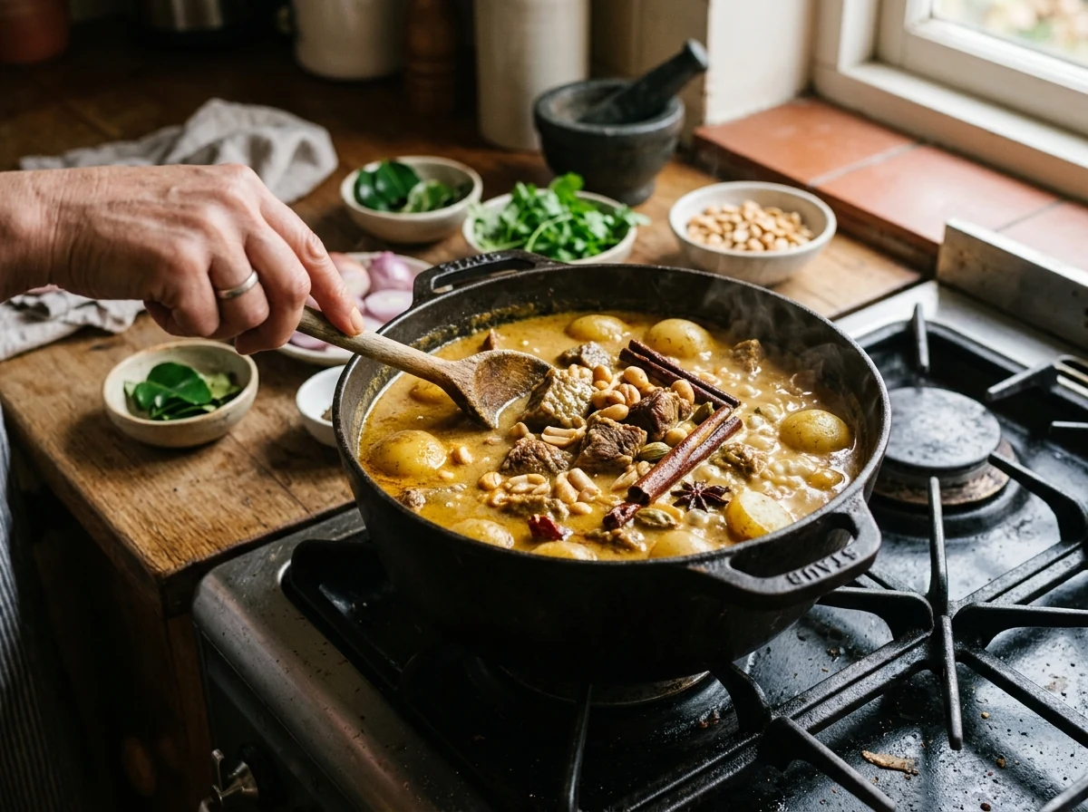 Goldenes Massaman-Curry mit Rindfleisch simmert sanft, Aromaten sichtbar zwischen den Stücken.