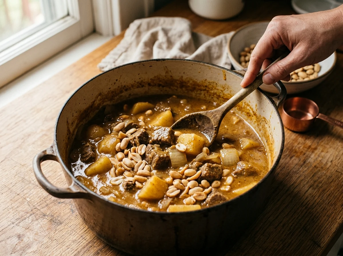 Kartoffel-Stücke und Zwiebeln zwischen Rindfleisch in goldener Massaman-Sauce, Erdnüsse sichtbar.