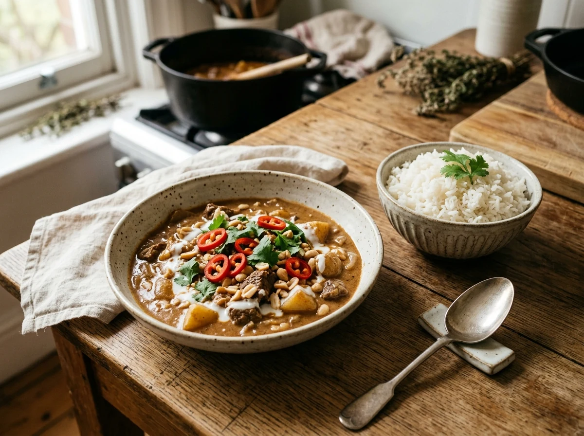 Massaman-Curry in einer flachen tiefen Schale: Rindfleisch, Kartoffeln, Erdnüsse in goldener Sauce, mit roten Chili-Ringen und Koriander getoppt, daneben Jasmin-Reis.