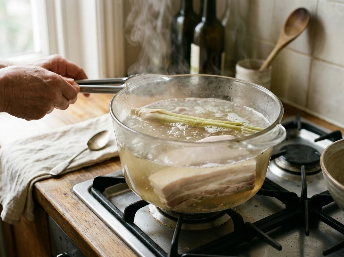 Schweinebauch pochiert in einer klaren Brühe mit einem Stiel Zitronengras.