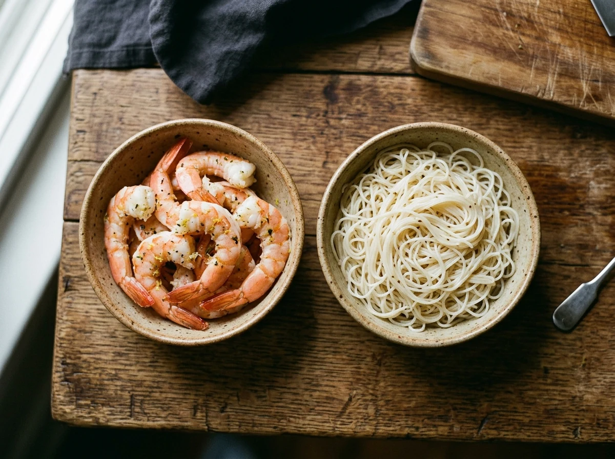 Längs halbierte gekochte Garnelen und sehr dünne Reisnudeln in zwei flachen Schalen.