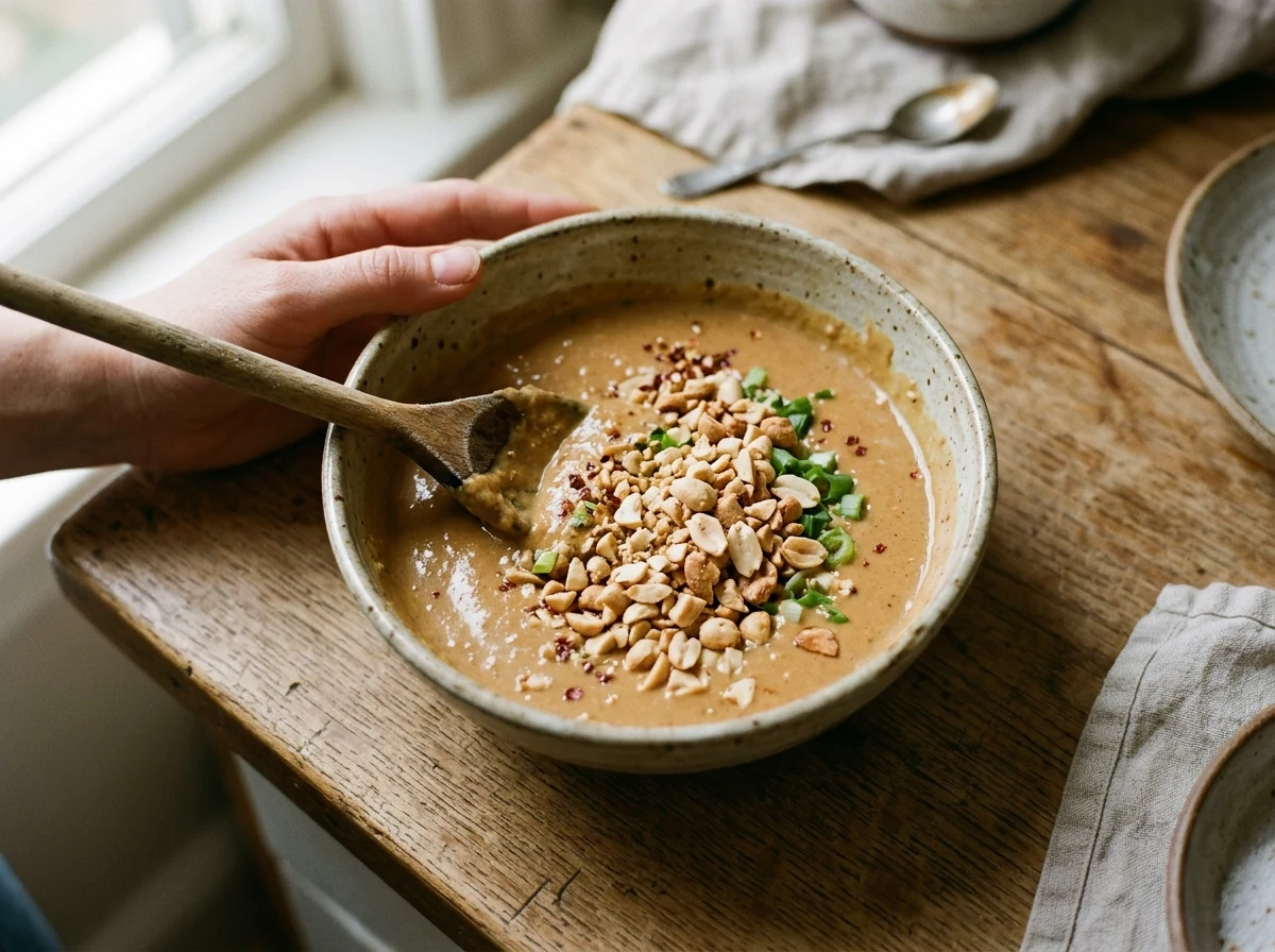 Cremige hellbraune Erdnusssauce in einer kleinen Schale, mit gehackten Erdnüssen getoppt.