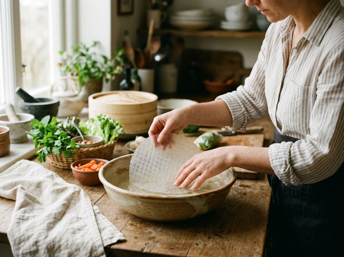 Hände tauchen ein rundes Reispapier-Blatt kurz in eine Schale mit lauwarmem Wasser.