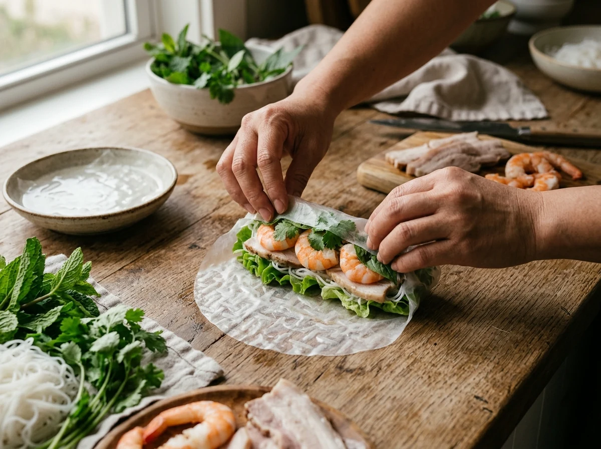Eine vietnamesische Sommerrolle wird gerade gewickelt — Garnelen, Schweinebauch, Kräuter und Nudeln im Reispapier sichtbar.