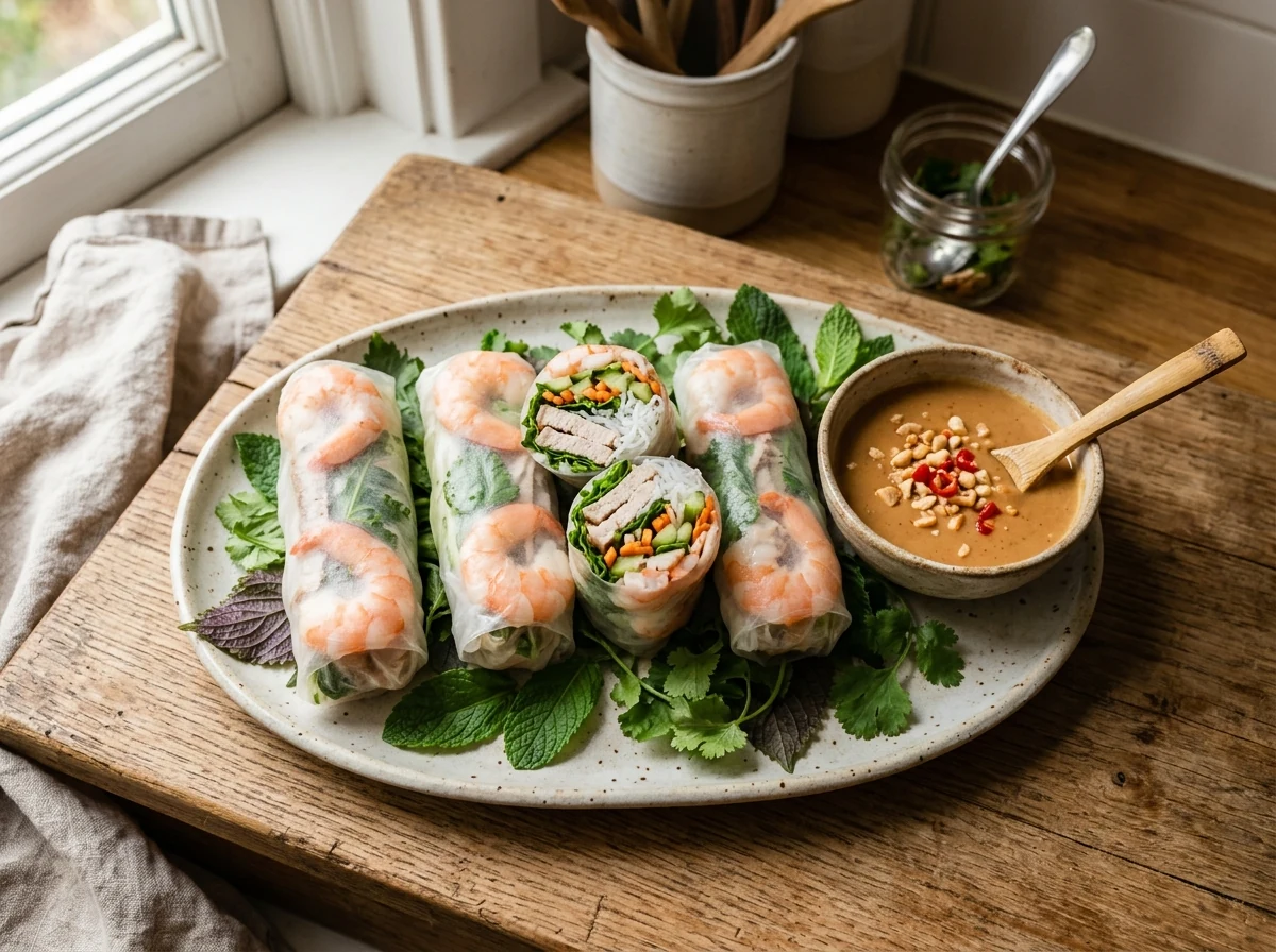 Halbierte Sommerrollen auf einem Teller, Querschnitt zeigt rote Garnelen, weiße Nudeln und grüne Kräuter, daneben Schälchen mit Erdnusssauce.
