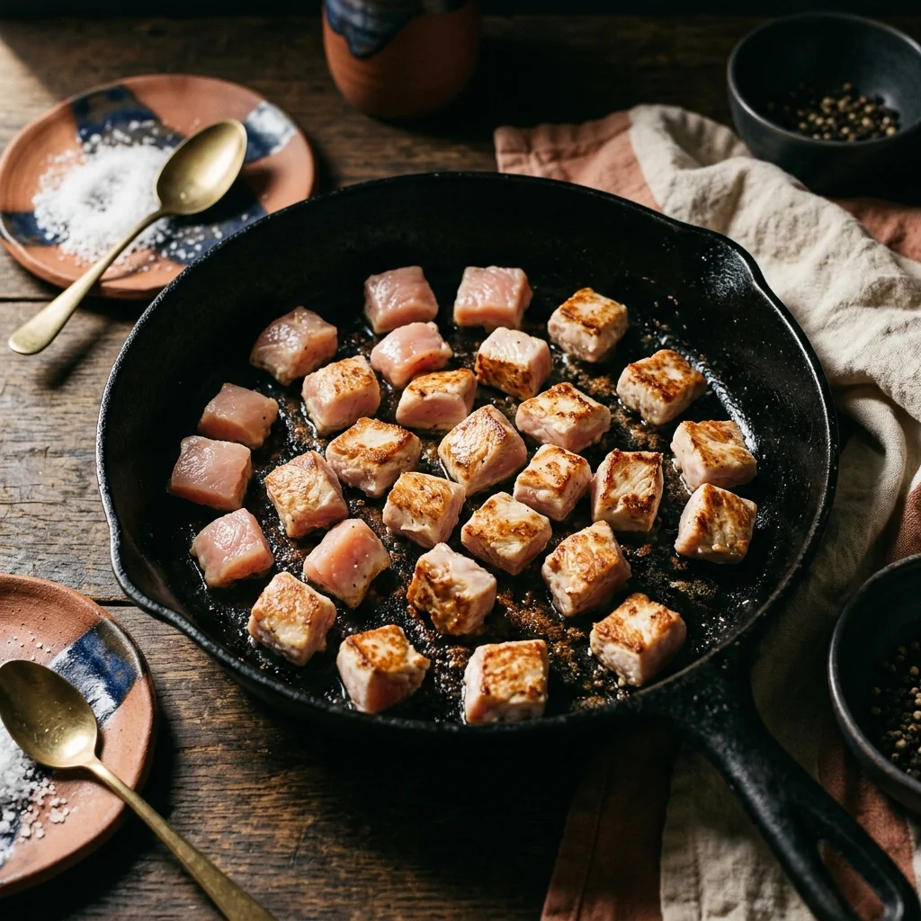 Hähnchenwürfel bräunen in einer flachen Schicht in einer schwarzen Pfanne, goldene Kruste.