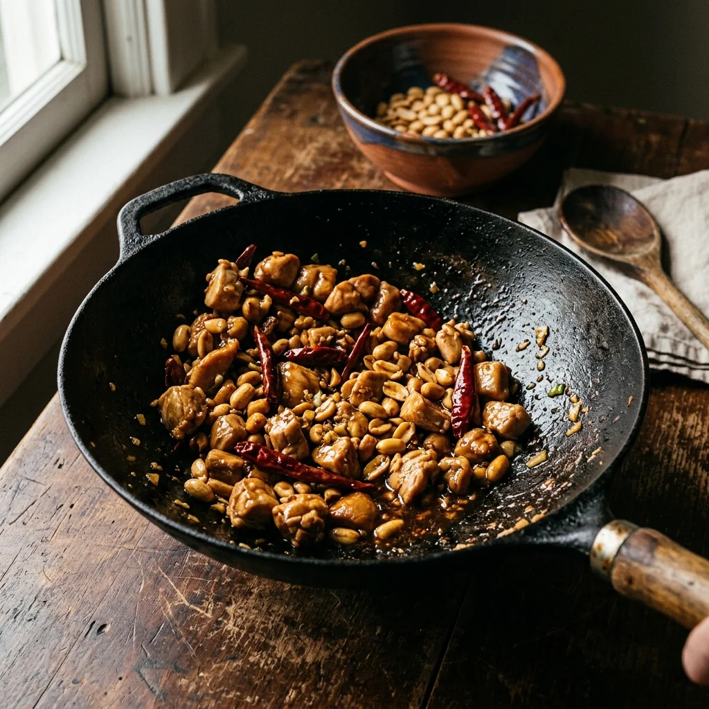 Hähnchen, Erdnüsse, Chilis und glänzende Soße schwenken in der Pfanne, alles zusammen.