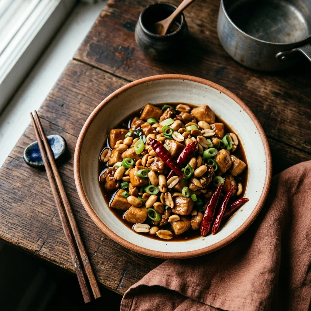 Fertiges Gong Bao Ji Ding auf einem schwarzen Teller, glänzende Soße, knackige Erdnüsse, grüne Frühlingszwiebel obenauf.