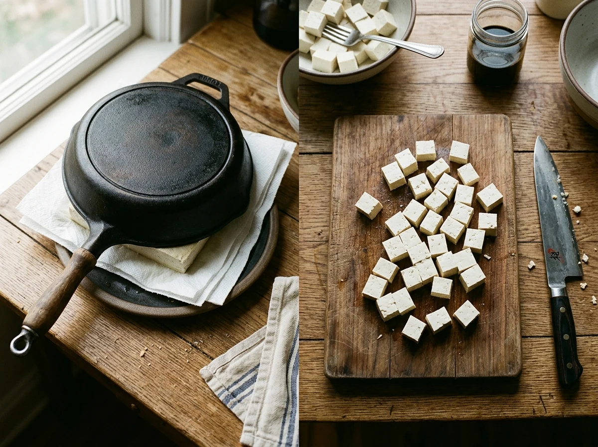Tofu zwischen Küchenpapier mit einer schweren Pfanne beschwert, daneben in 3 cm Würfel geschnittener Tofu.