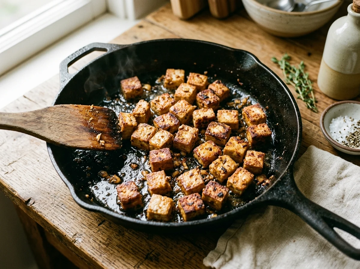 Goldbraun gebratene Tofu-Würfel mit knusprigen Karamellseiten in einer schweren Pfanne.