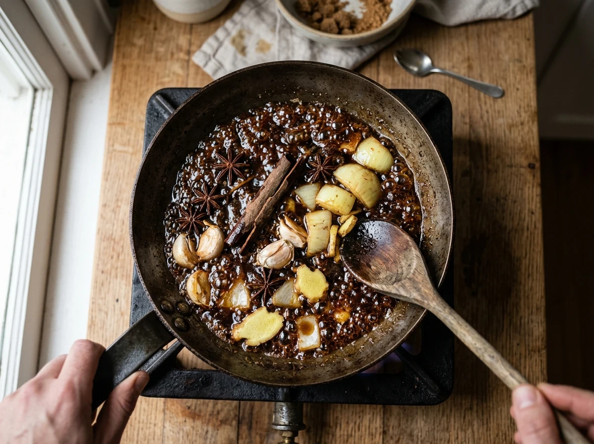 Brauner Zucker-Karamell mit Sternanis, Cassia, Knoblauchzehen, Zwiebel und Ingwer in einer Pfanne.