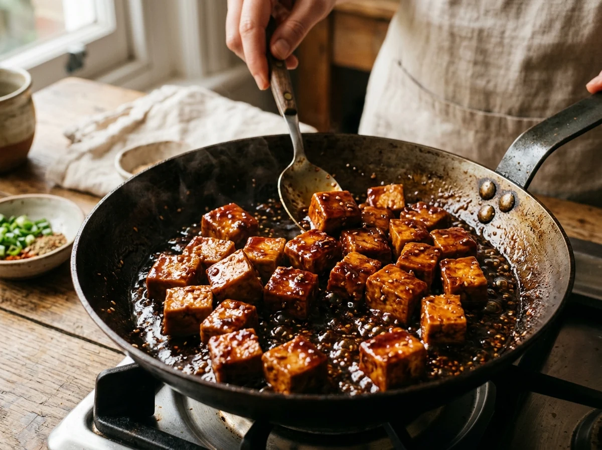 Tofu-Würfel baden in stark reduzierter, sirupartig-glänzender Mahagoni-Sauce in einer Pfanne.
