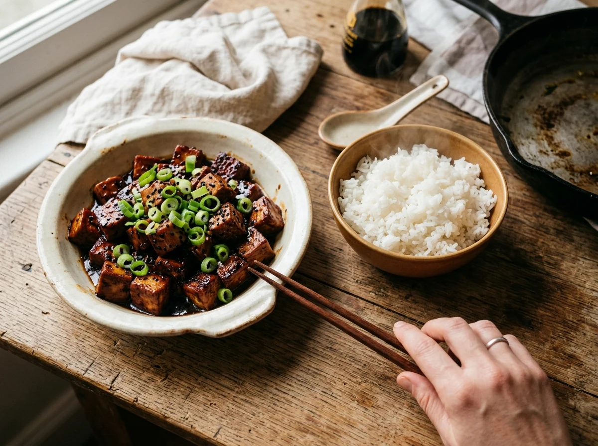 Mahagoni-glasierte Tofu-Würfel in einer flachen Schale mit Frühlingszwiebel-Ringen, daneben dampfender Jasmin-Reis.