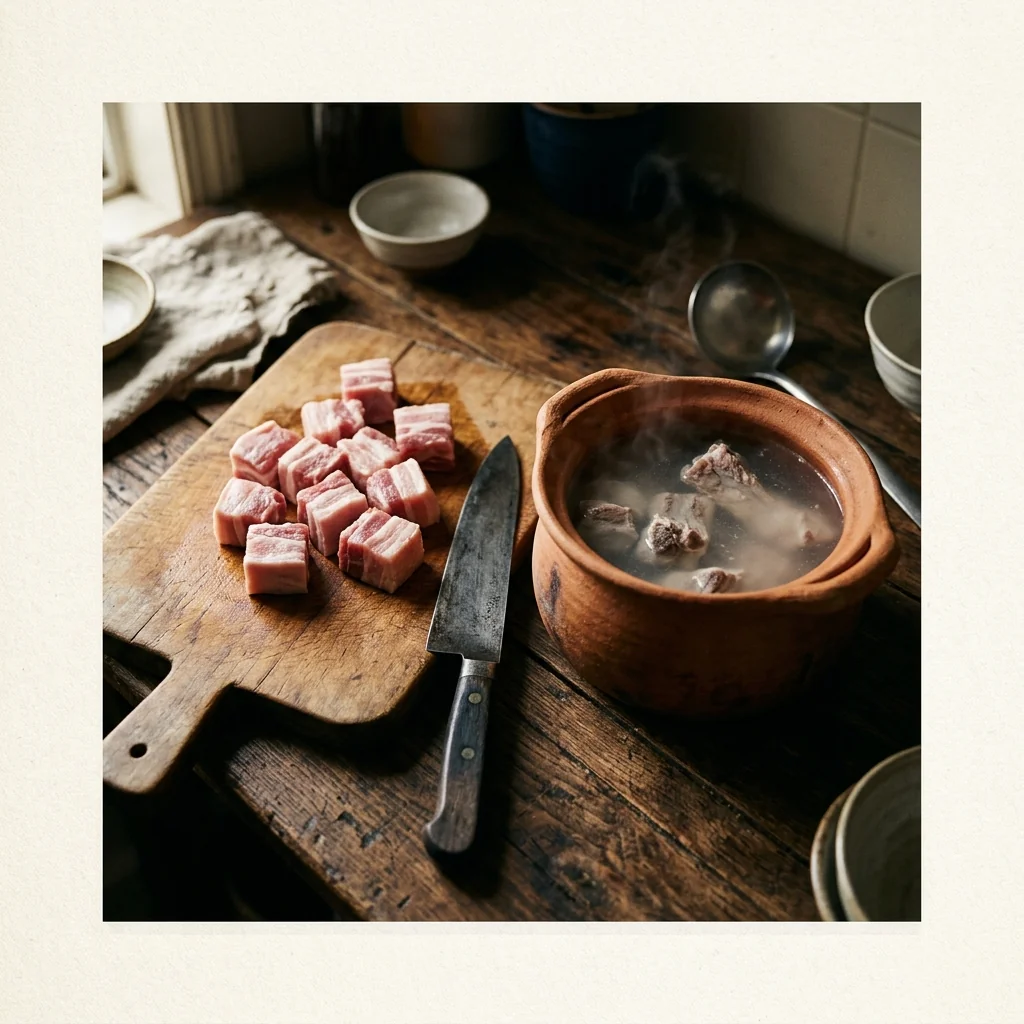 Schweinebauch-Würfel auf einem Holzbrett, daneben ein Topf mit dem Vorgar-Wasser.
