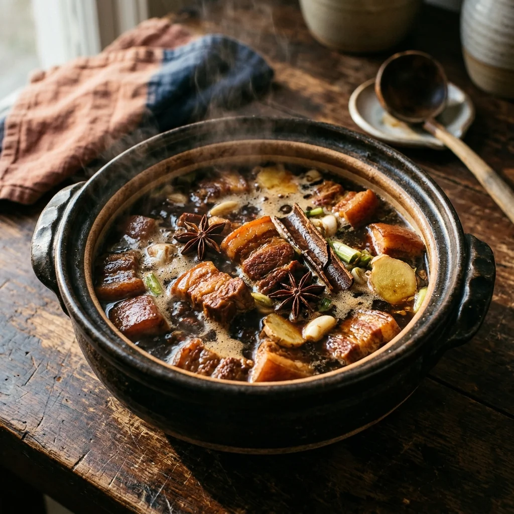 Schweinebauch in dunkler Schmorflüssigkeit mit Sternanis und Cassia, Wirbel an der Oberfläche, kein Sprudeln.