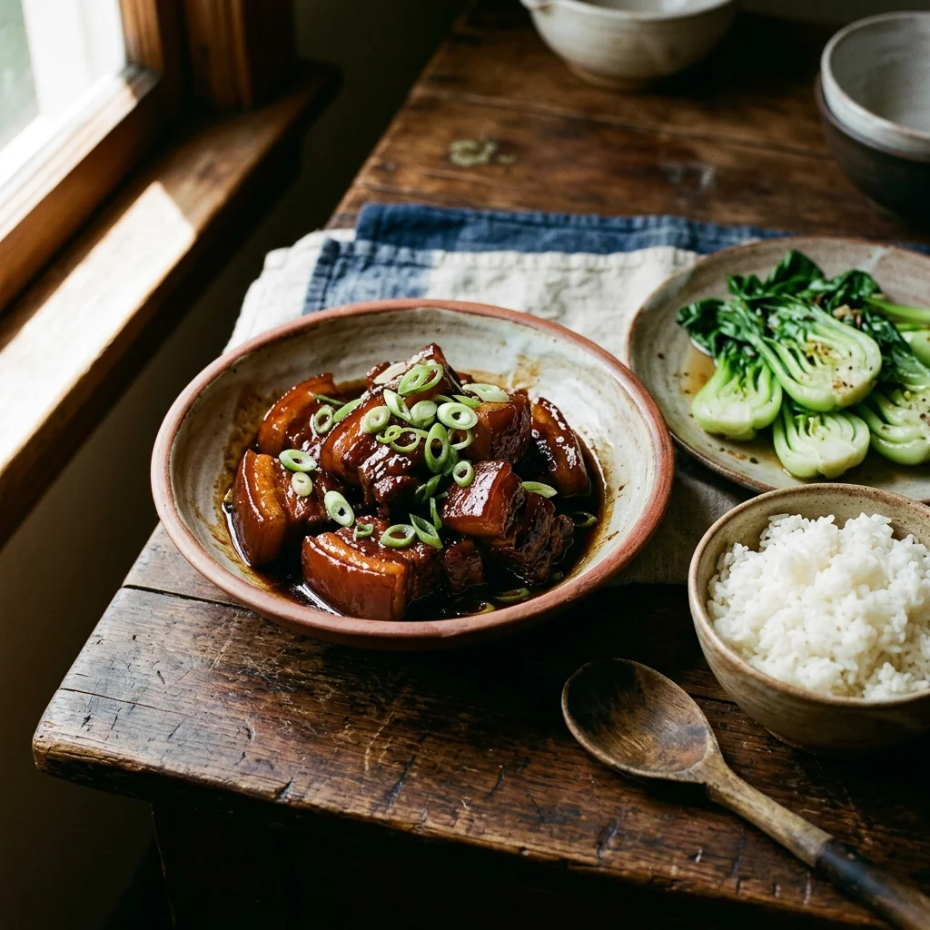 Hong Shao Rou in einer flachen Schüssel, glänzend rot-mahagoni, grüne Frühlingszwiebel obenauf.