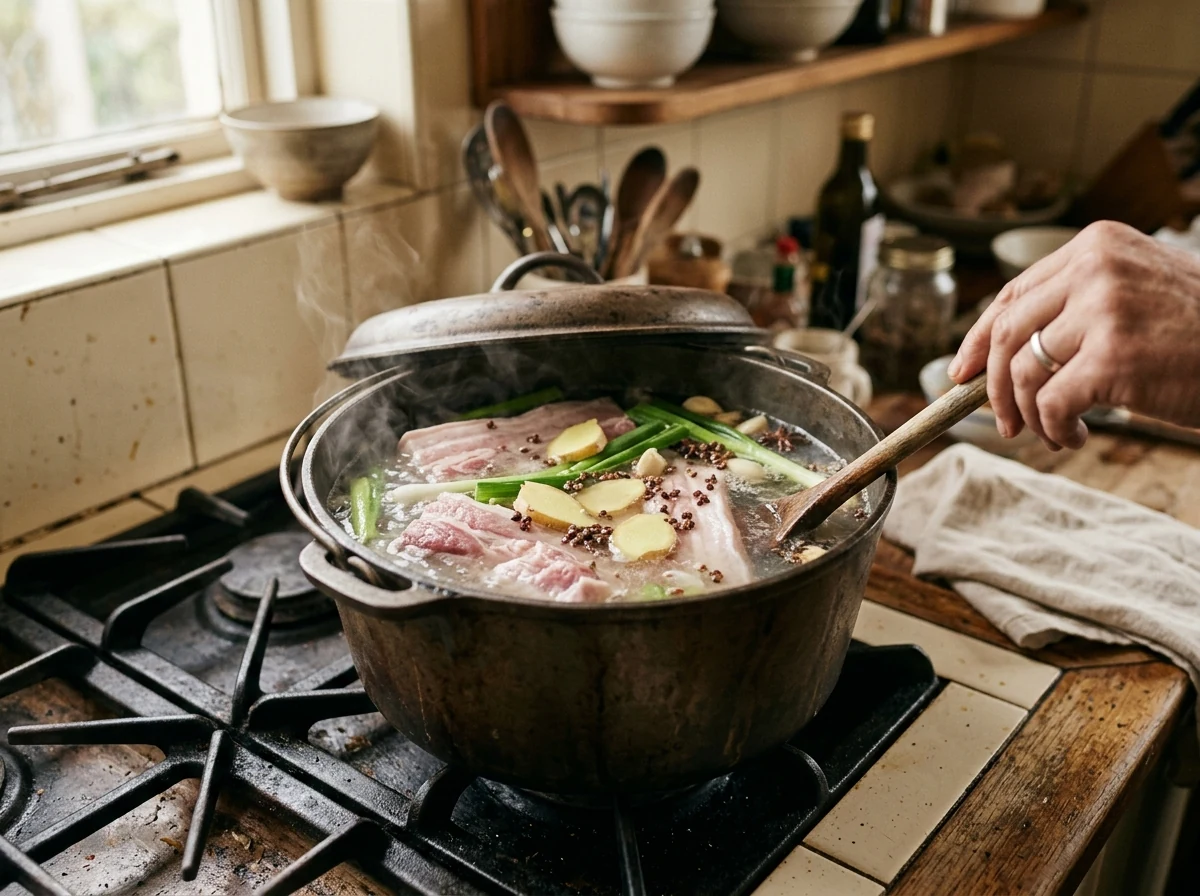 Schweinebauch zieht im Sud mit Ingwer, Frühlingszwiebel und Sichuan-Pfeffer.