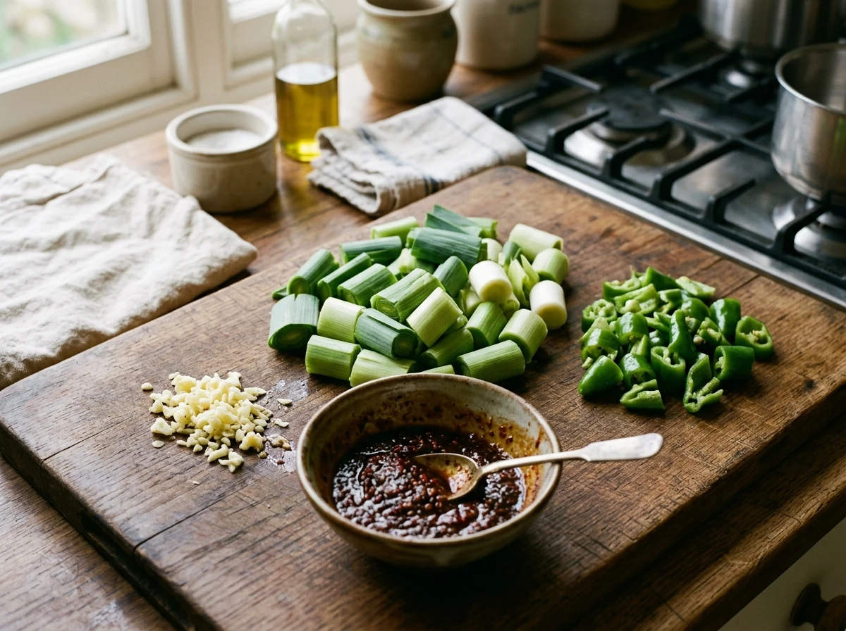 Lauch, Spitzpaprika, Knoblauch und die angerührte Soßenmischung stehen bereit.