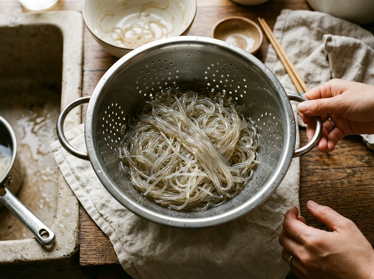 Translucente koreanische Süßkartoffel-Glasnudeln in einem Sieb, glänzend und biegsam.