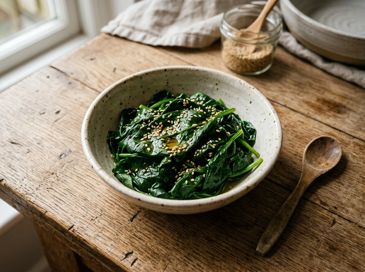 Blanchierter, dunkelgrüner Spinat in einer kleinen Schale mit Sesamöl-Glanz.