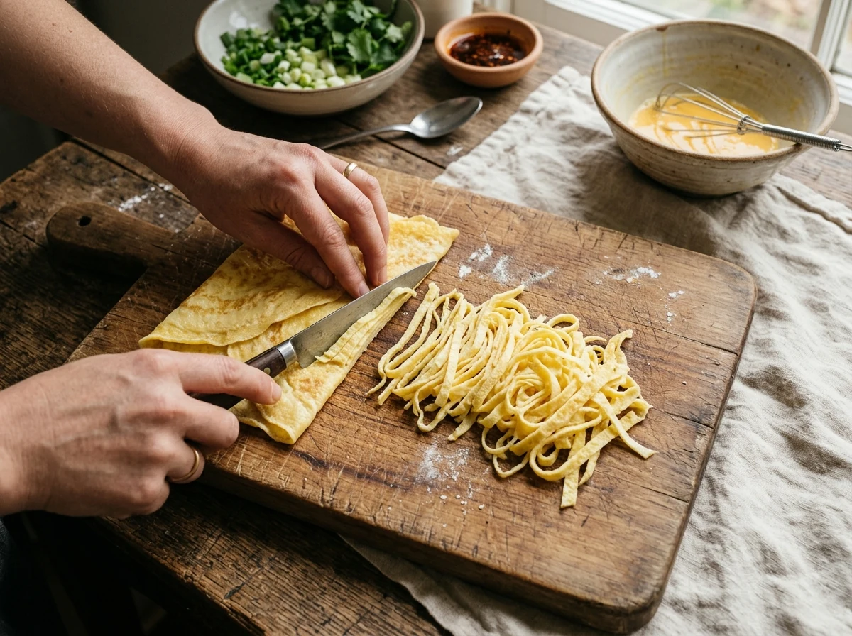 Dünne blassgelbe Eierstreifen auf einem Schneidebrett, neben einem dünnen Eierfladen.