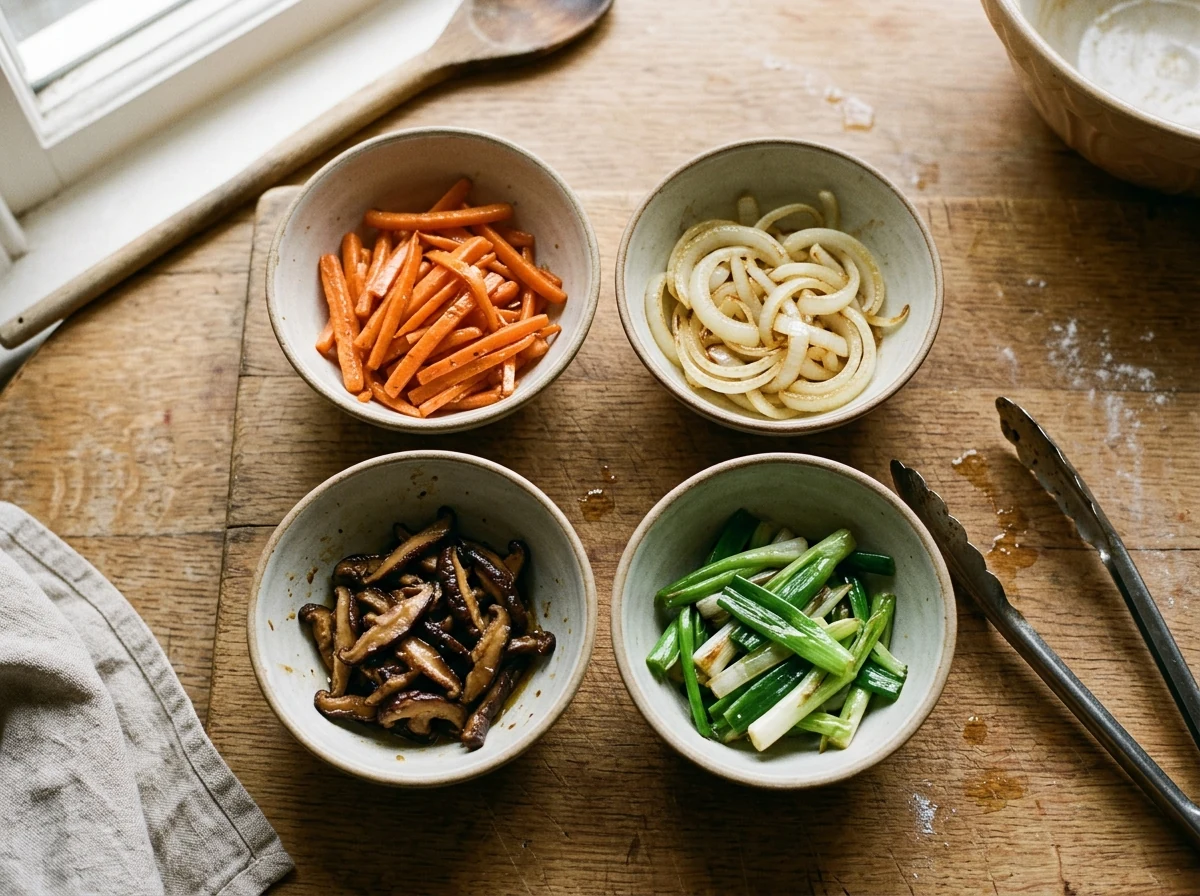 Vier kleine Schüsseln mit getrennt gewokkten Komponenten: orange Karotten, weiße Zwiebeln, dunkle Shiitakes, grüne Frühlingszwiebel.