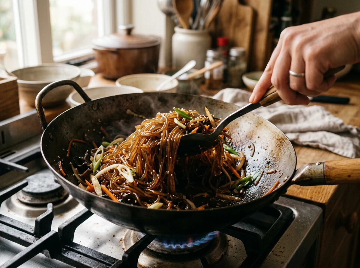 Glänzend dunkelbraune Glasnudeln in einer Pfanne, glasig durch die aufgesogene Sojasauce-Sesam-Glasur.