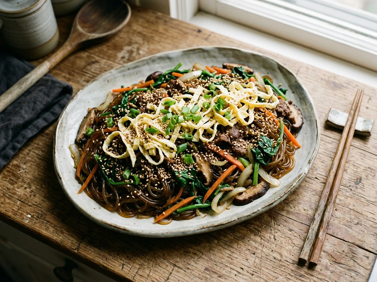 Fertig angerichtetes Japchae auf einer flachen Platte: dunkelbraune glänzende Nudeln, grüner Spinat, orange Karotten, dunkle Shiitakes, mit blassgelben Eierstreifen und Sesam getoppt.