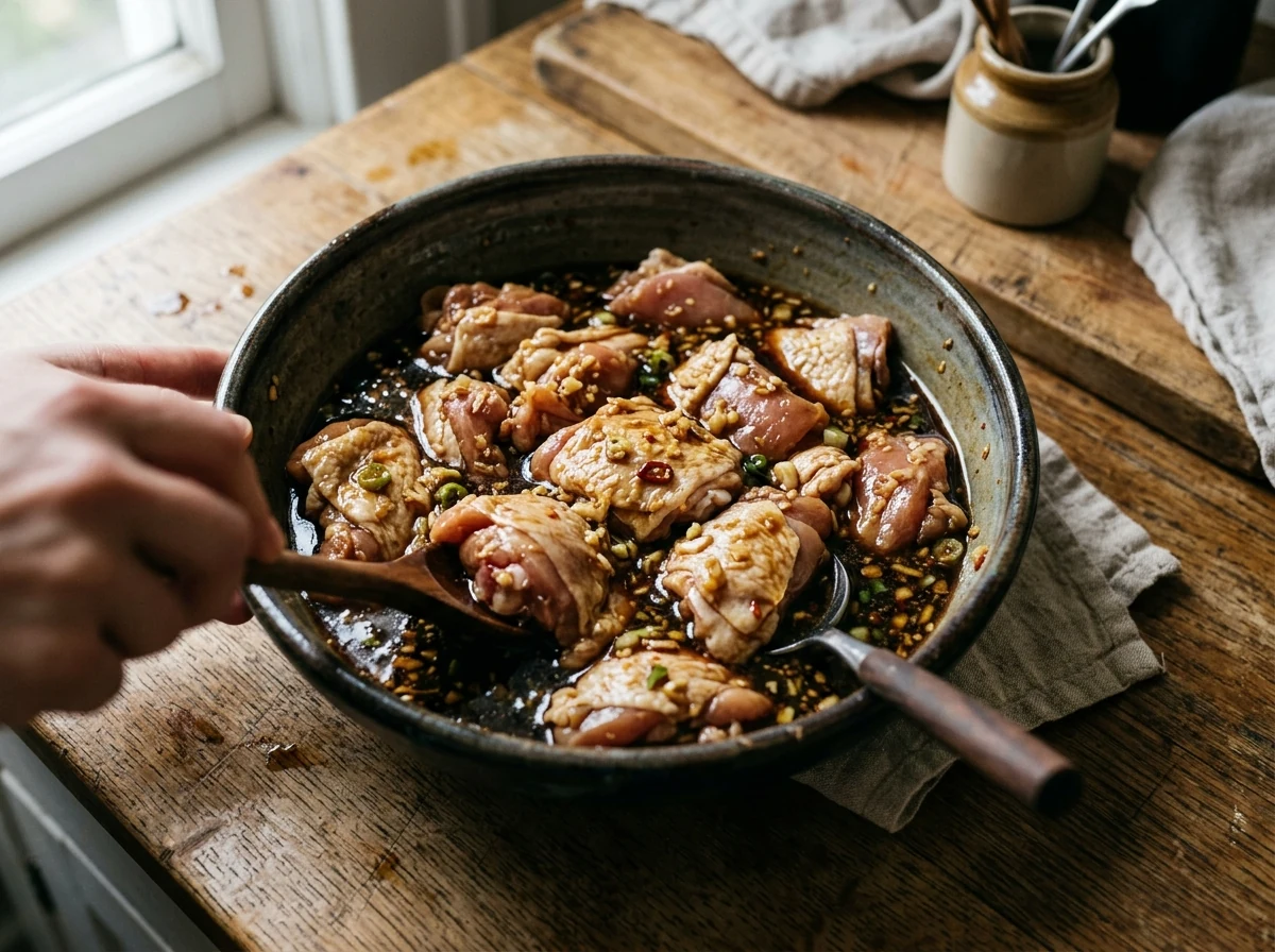 Hähnchen-Stücke in glänzender brauner Sojasauce-Marinade in einer Schüssel.