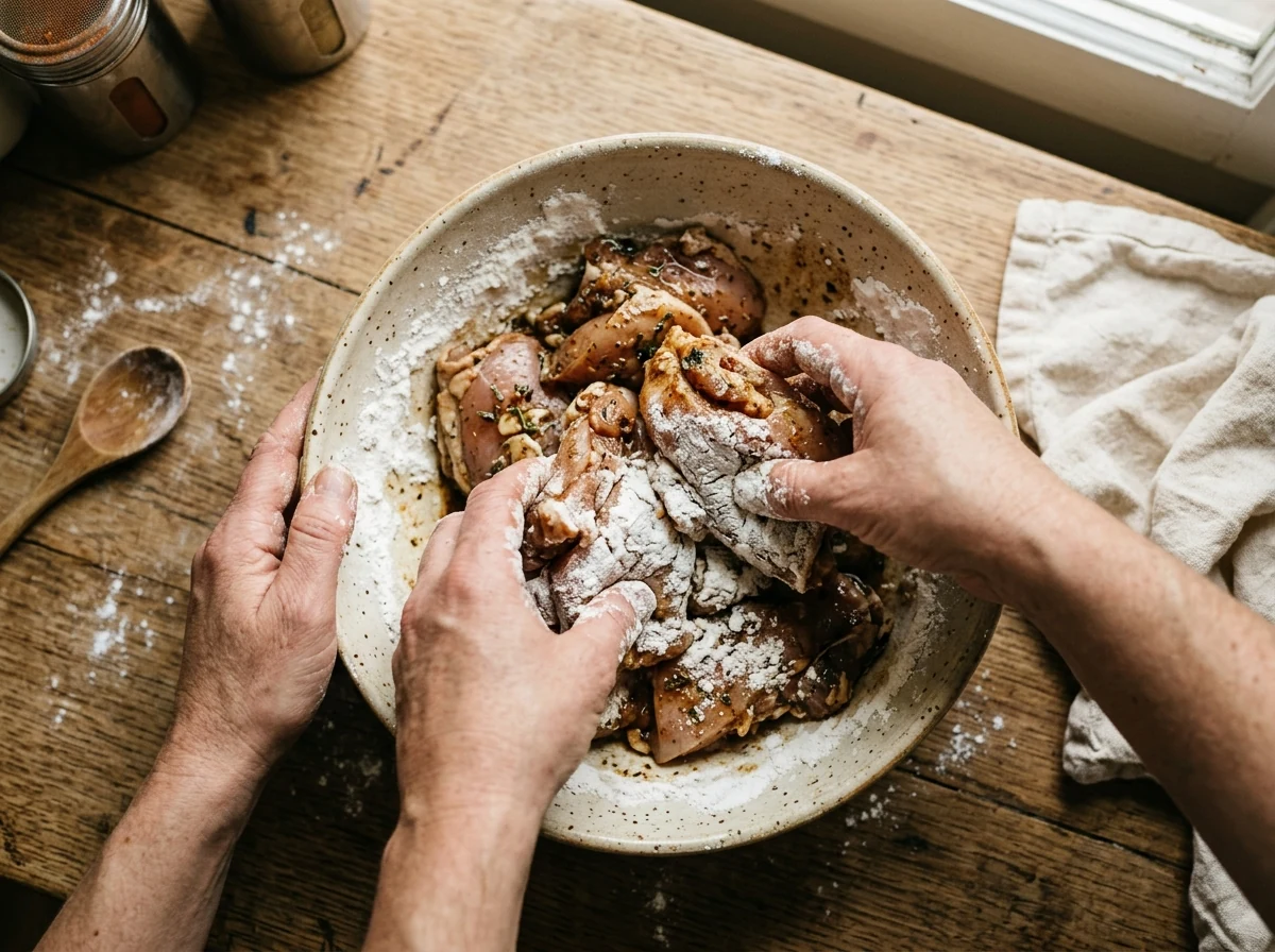 Hähnchen-Stücke werden in Kartoffelstärke gewendet, fluffige weiße Hülle sichtbar.