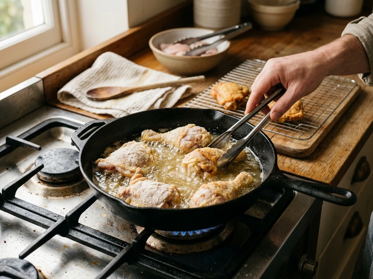 Hellgolden frittierende Hähnchen-Stücke in Öl bei moderater Hitze, leicht blubbernd.